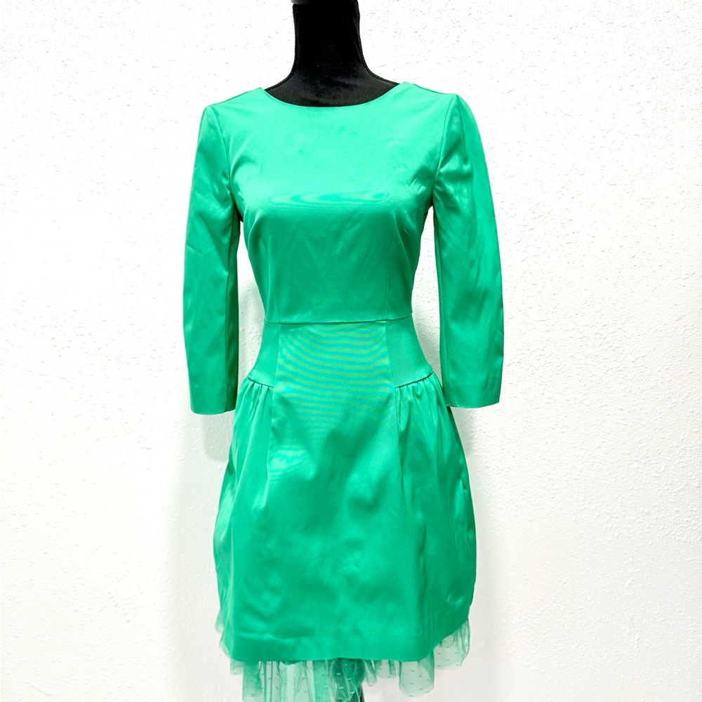J. Crew 50 60s satin Green‎ bubble skirt 3/4 Sleeve Dress 2